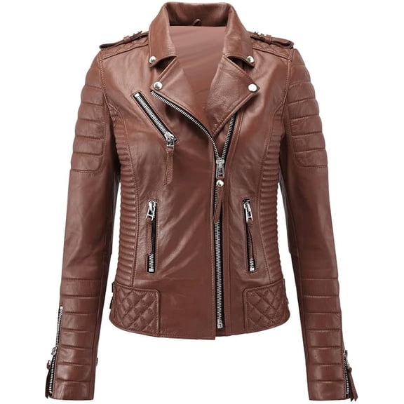 New Womens Genuine Brown Lambskin Quilted Leather Jacket Biker Stylish Motorcycle Soft Jacket W182