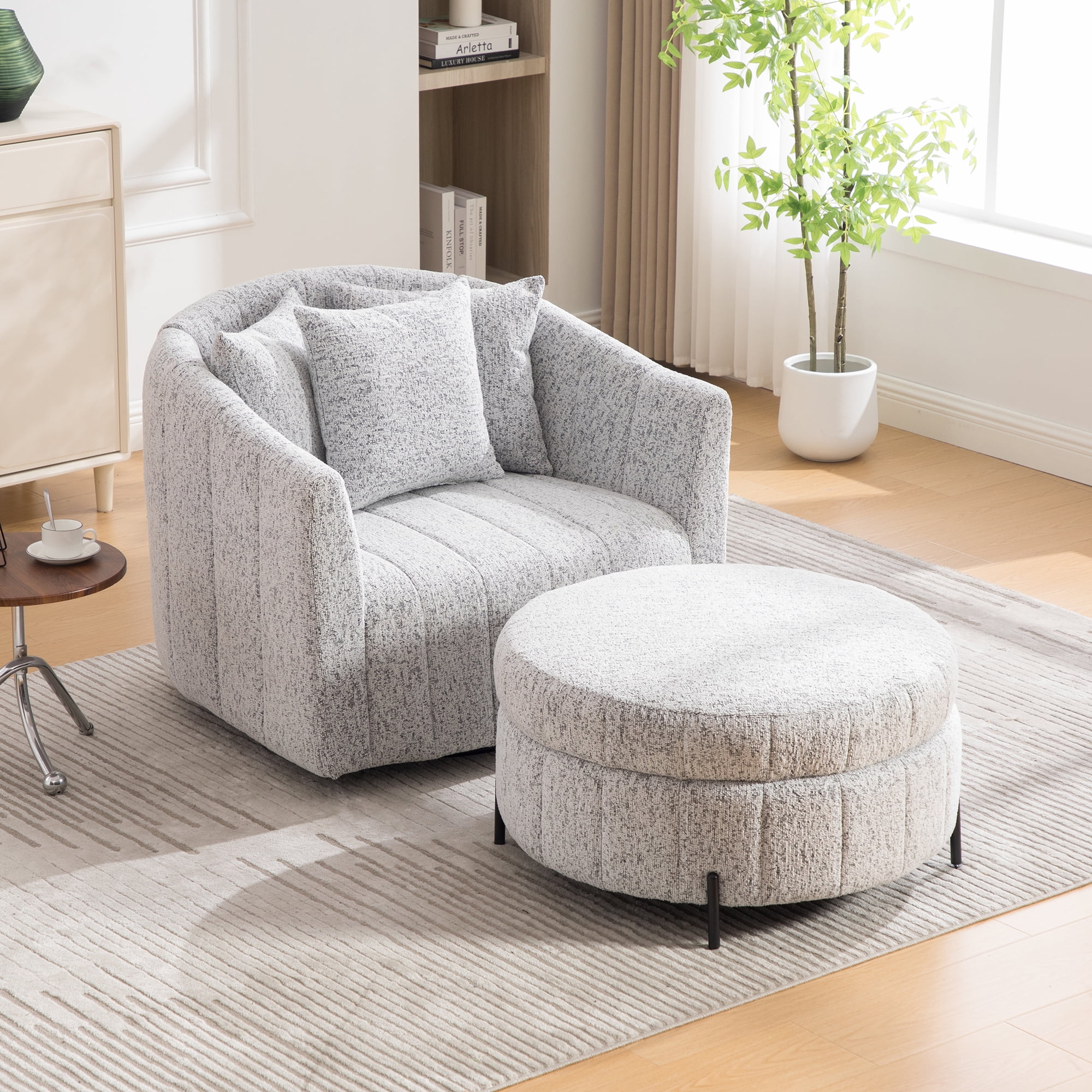 39"W Oversized 360° Swivel Accent Chair Set with Storage Ottoman and Pillow