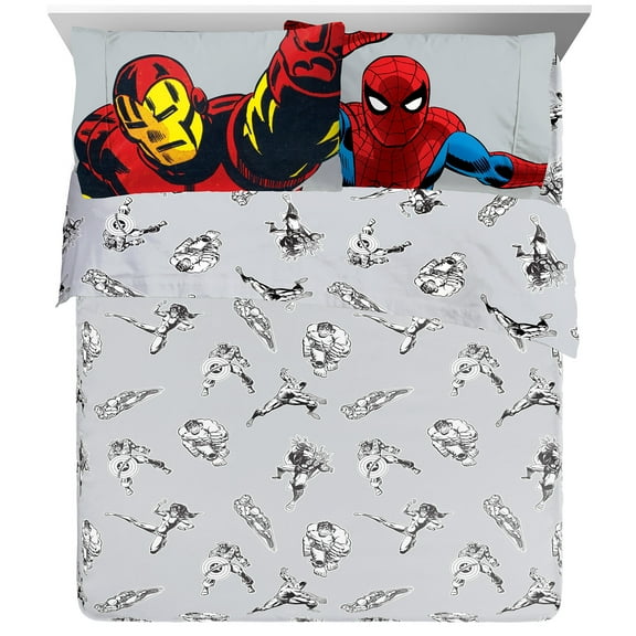 Marvel Comics Face Montage Grey 4 Piece Queen Sheet Set, 100% Microfiber
