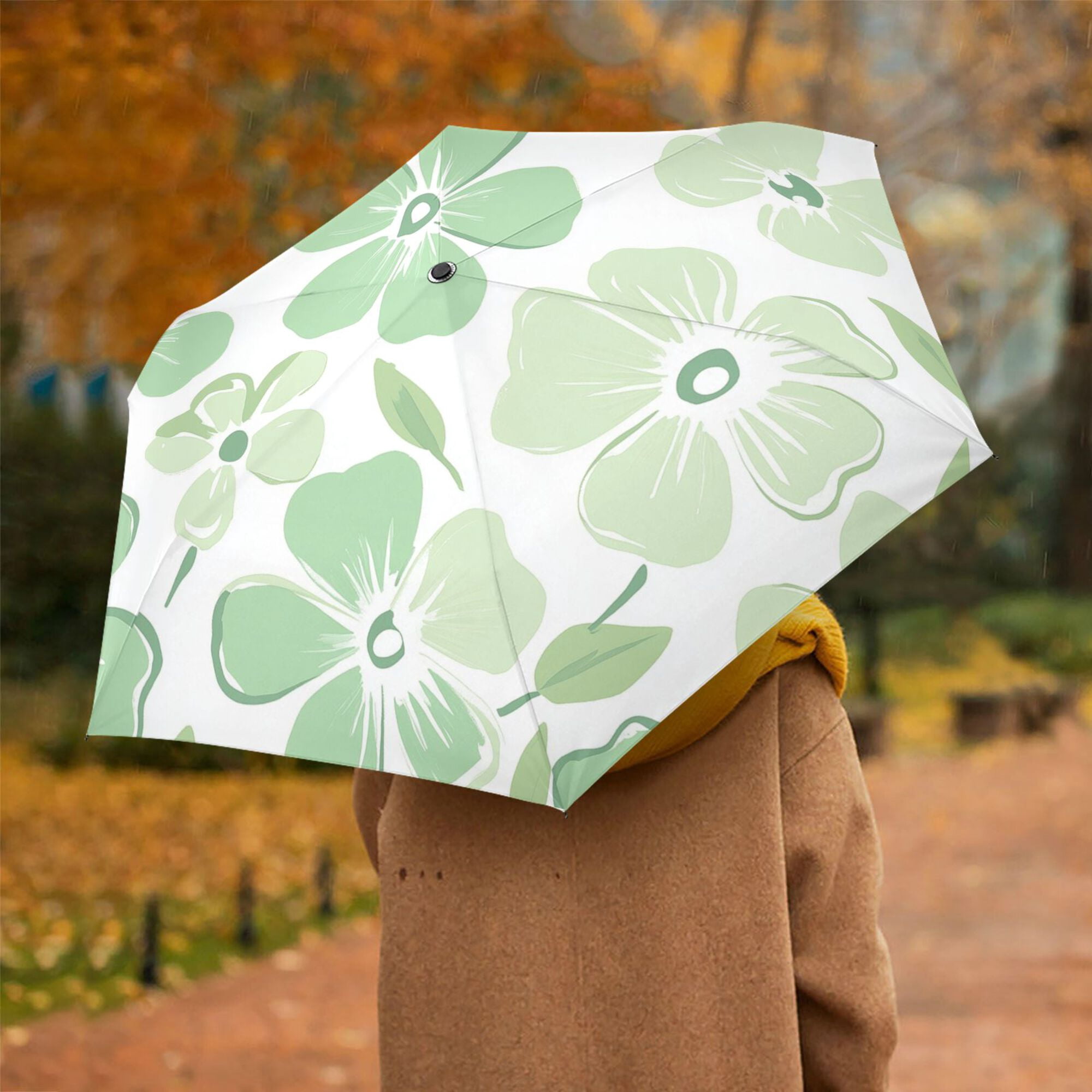 FORMRS Travel Umbrella Folding Auto Open Close Windproof Rain UV Protection, Green Floral