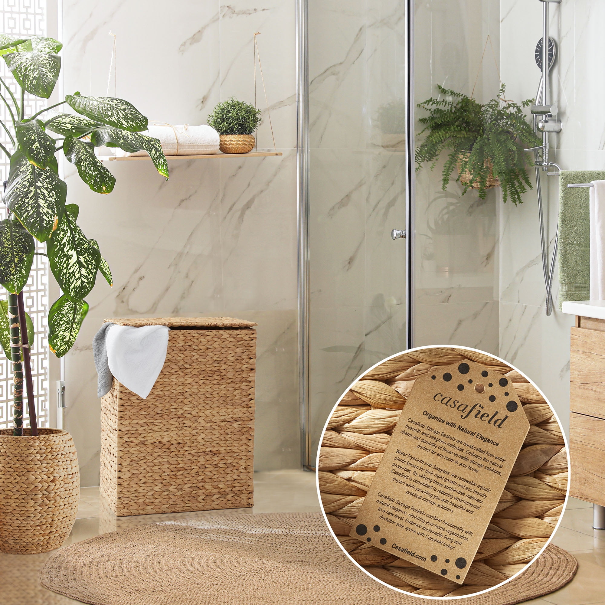 Casafield Large Laundry Hamper with Lid and Removable Liner Bag - Natural, Woven Water Hyacinth Laundry Basket for Clothes