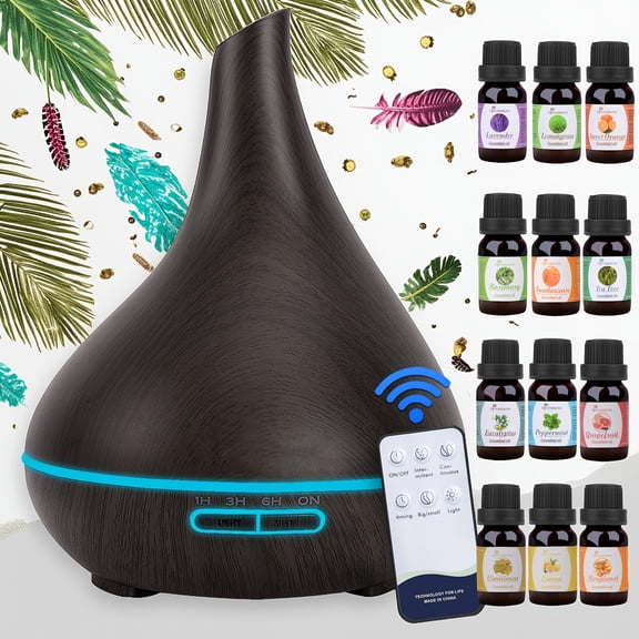 Home Aroma Diffuser Lamp, 1 X 500ml Diffuser Soundwave Technology Smoke Vaporizer Diffuser with Adjustable Mist Mode, 7 Color LEDs, 4 Timers, Office Home Bedroom.  with 12Pcs Essential Oil