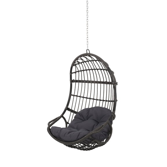 Christopher Knight Home Berkshire Hanging Egg Chair with 8FT Chain, Gray Woven Rattan Basket Swing Chair with Water-Resistant Tufted Cushion for Patio, Porch & Indoor Use