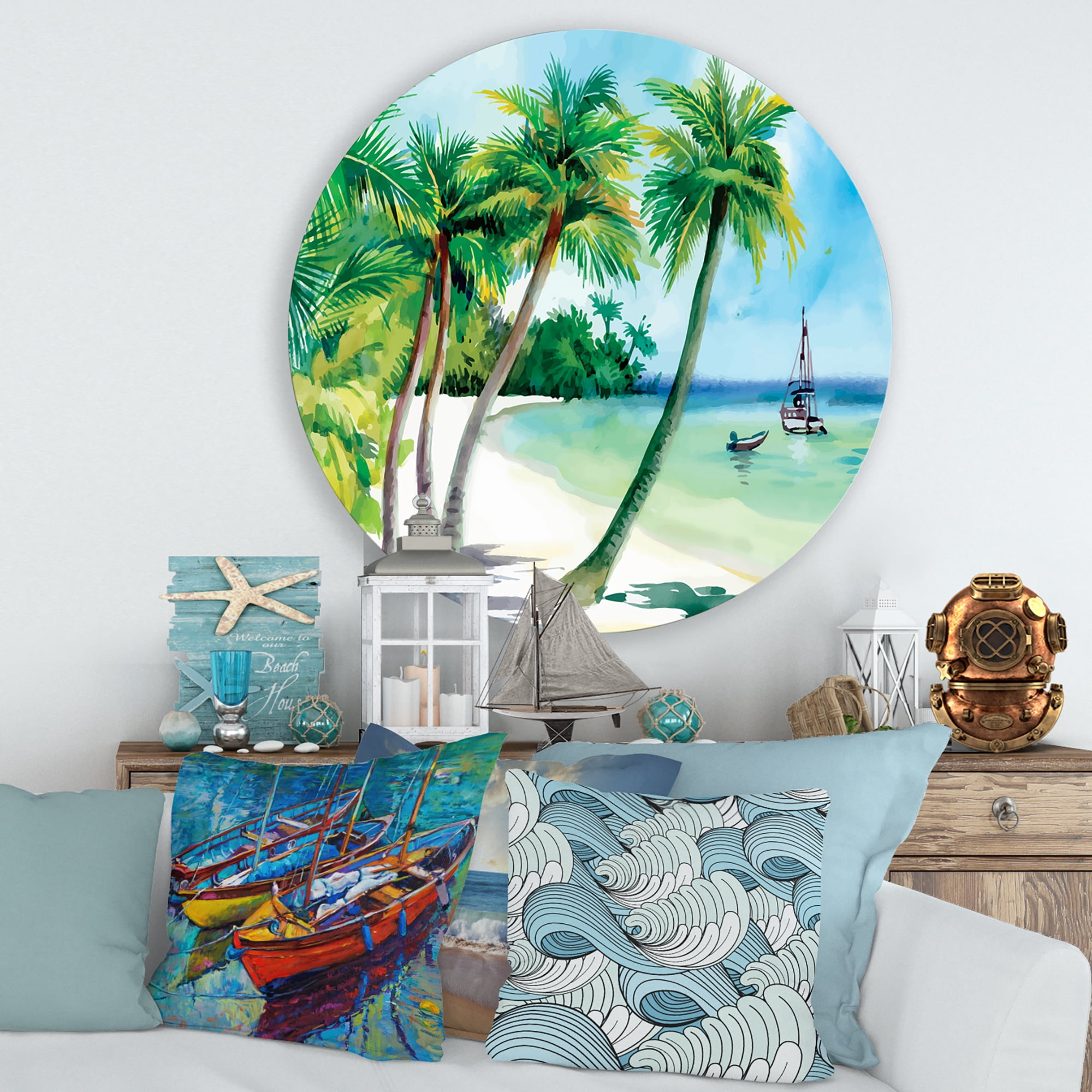 Designart 'Palm Trees With Summer Beach' Nautical & Coastal Circle Metal Wall Art 29x29 - Disc of 29