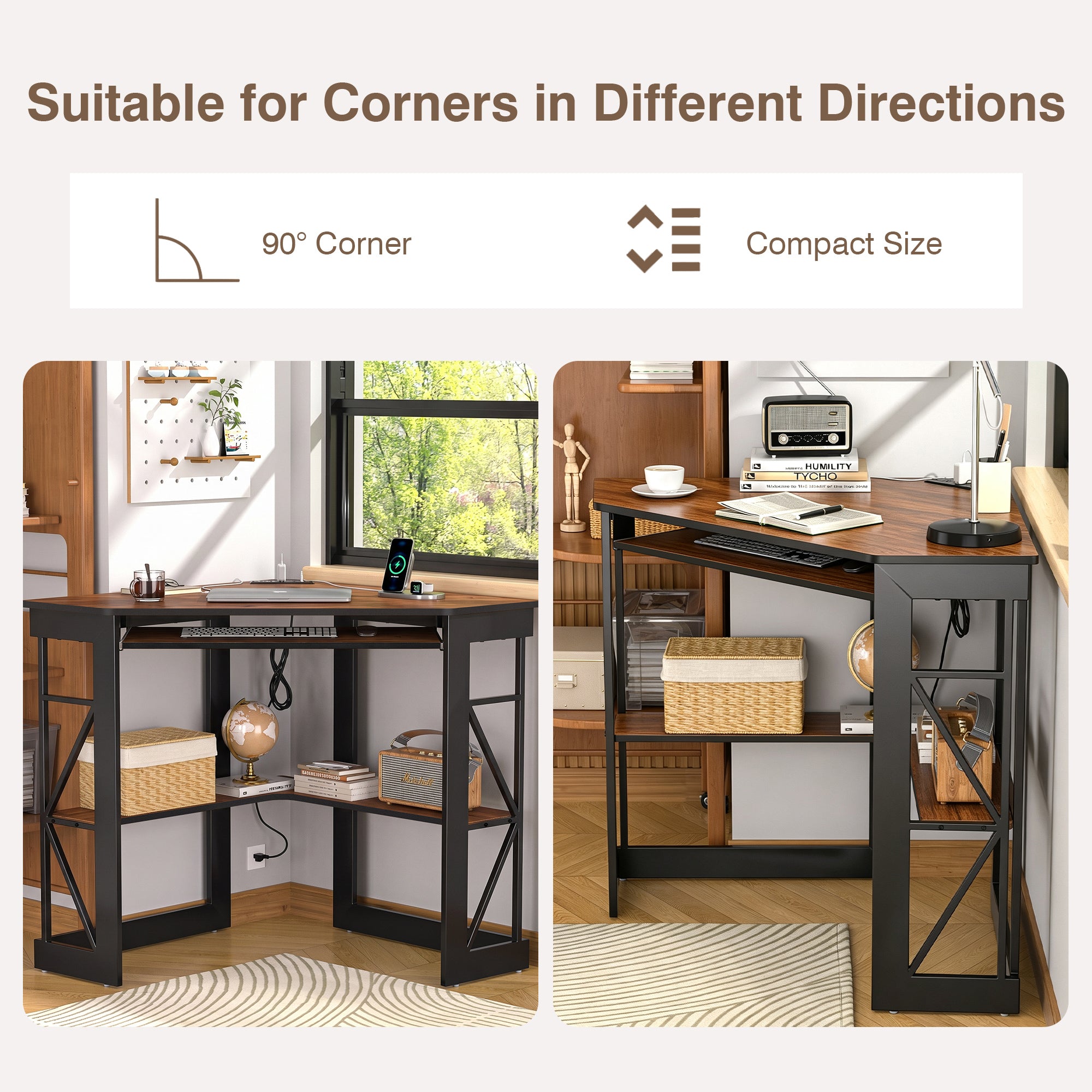 VECELO Corner Computer Desk with Charging Station, Dark Brown photo 8