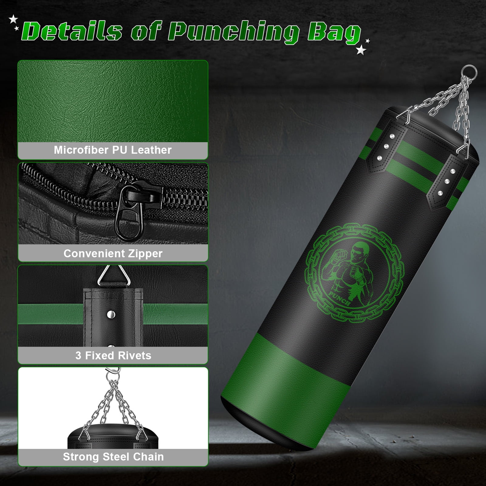 Hanging Punching Bag for Adults, 4FT PU Heavy Bag Boxing Training Equipment, Boxing Set with Hand Wraps Chains for Muay Thai Training Karate Kickboxing MMA Home Gym (Unfilled)