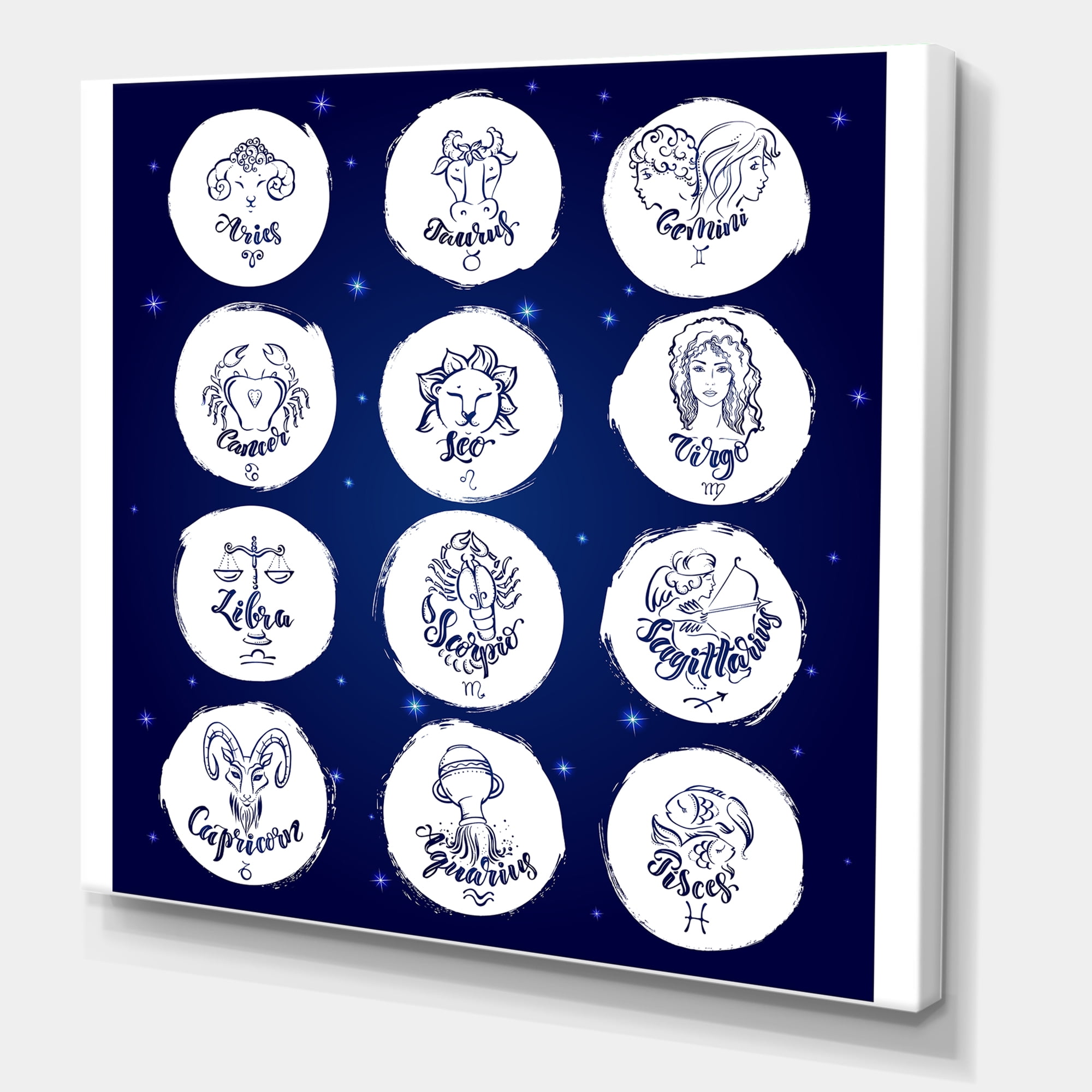 Zodiac Diagram & Signs On Blue 16 in x 16 in Painting Canvas Art Print, by Designart