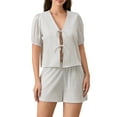 thumbnail image 1 of Gupgi Ensemble de Pyjama 2 Pcs à Rayures pour Femmes, Manches Courtes Bouffantes, Chemise à Nouer devant, Shorts à Taille Élastique, 1 of 1