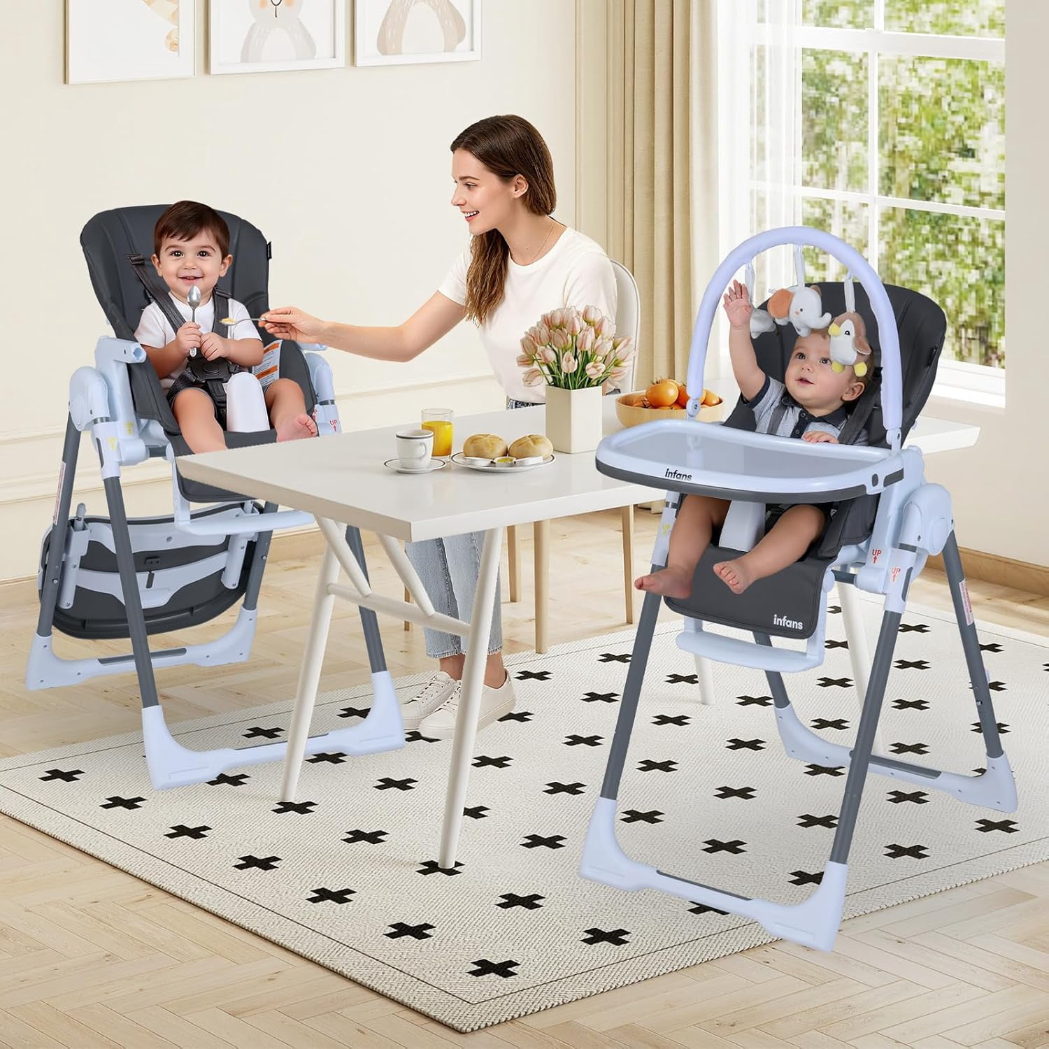 INFANS High Chair for Babies and Toddlers, Foldable Highchair with 7 Different Heights 4 Reclining Backrest Seat 3 Setting Footrest, Removable Tray Built-in Rear Wheels with Locks