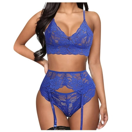 

YDKZYMD Women s Sexy Bra and Panty with Garter Belt Lace Hollow Out Bralette Lingerie Set 3 Piece Blue XL