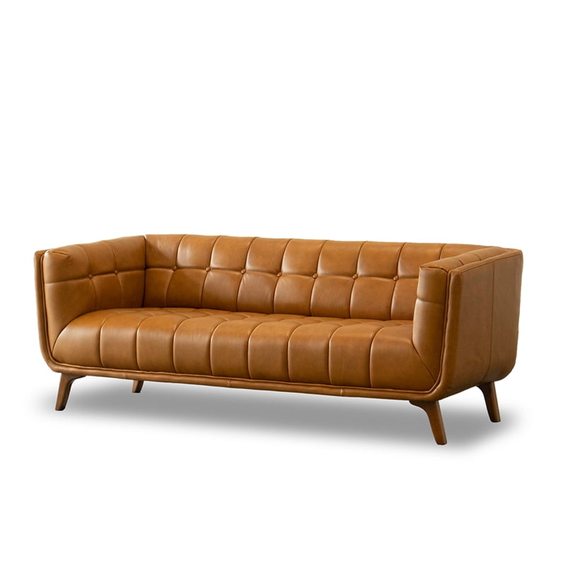 Pemberly Row MidCentury Tufted Back Genuine Leather Sofa in Tan