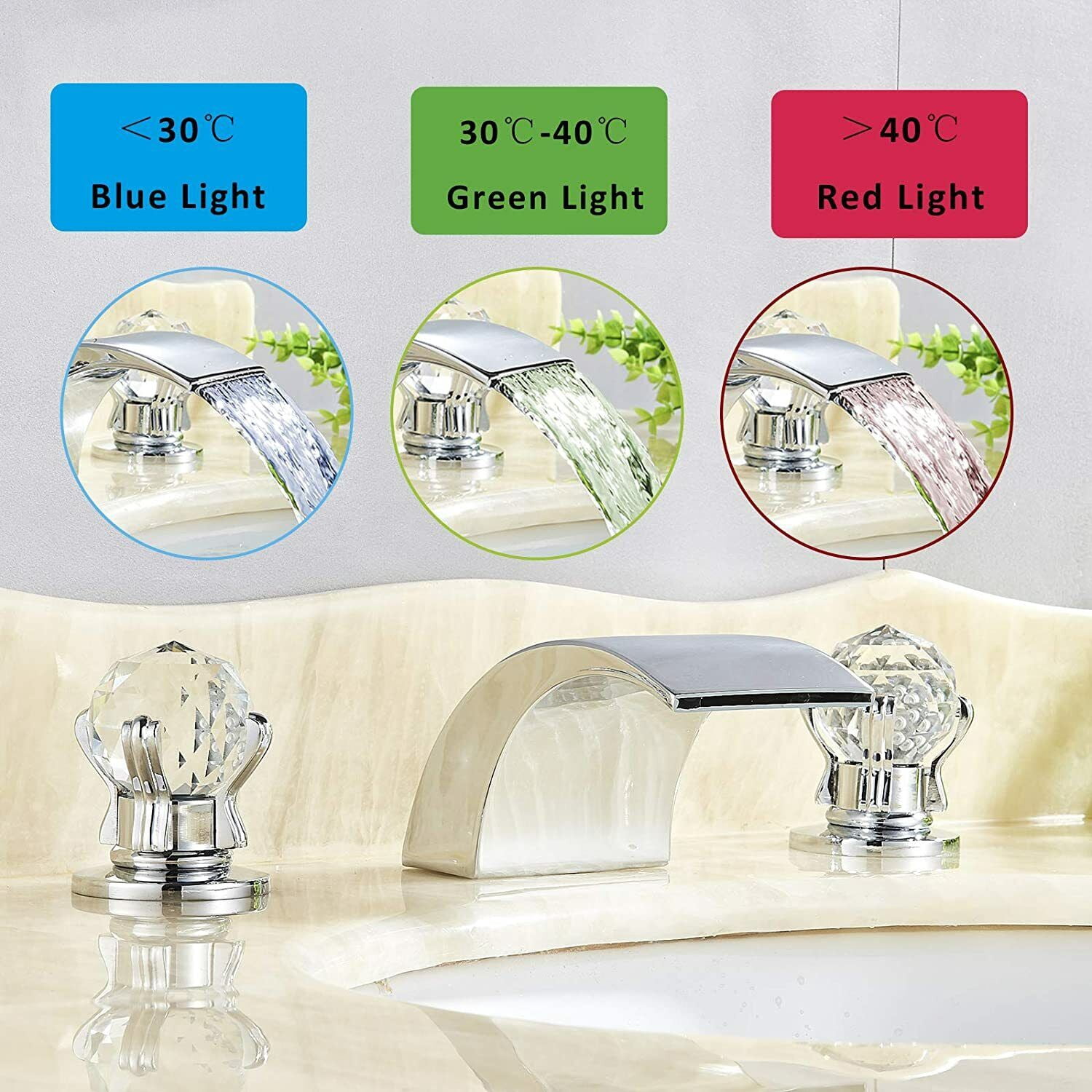 Widespread Bathroom Basin Sink Faucet LED Spout 2-Handle 3 hole Mixer Tap Chrome