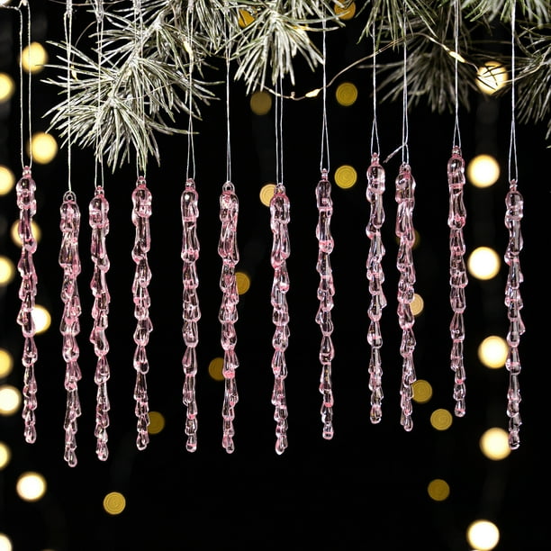 Adornos de hielo acrílico triturado con carámbano pack de 12 – Decoraciones transparentes para árboles de Navidad • Colgantes colgantes antidestructibles para ventanas, puertas, decoración navideña