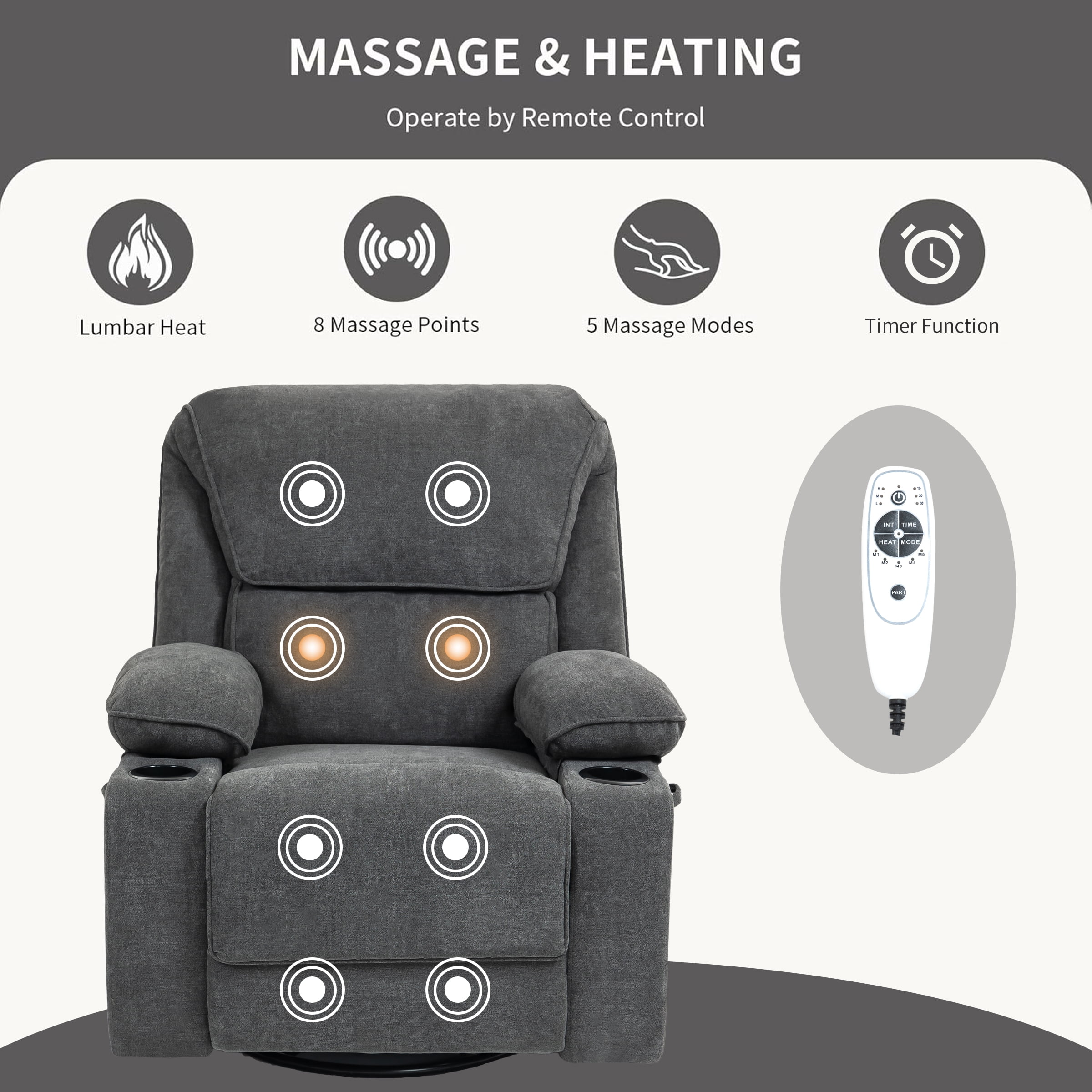 BRTHORY Swivel Rocker Recliner Chair with Heat and Massage, Upholstered Comfy Soft Fabric Recliner Chair for Home Theater, Dark Gray