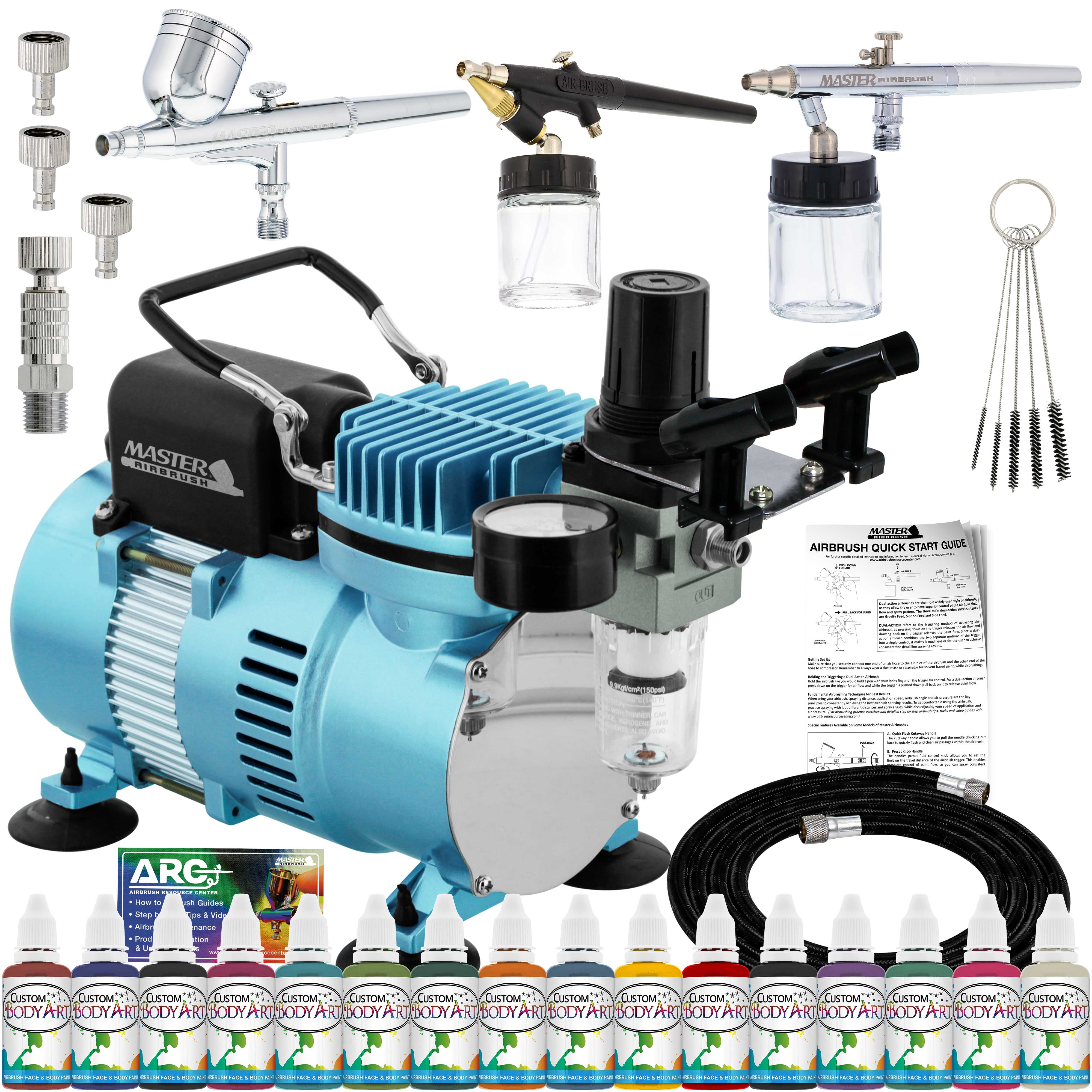 Pro Master Airbrush System Kit with 3 Airbrushes, 16 Color WaterBased Face & Body Art Paint Set