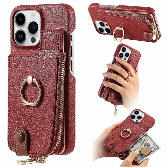Y3 For iPhone 16 Pro Case Card Holder Kickstand Leather+TPU Phone Cover with Zipper Pocket - Grey