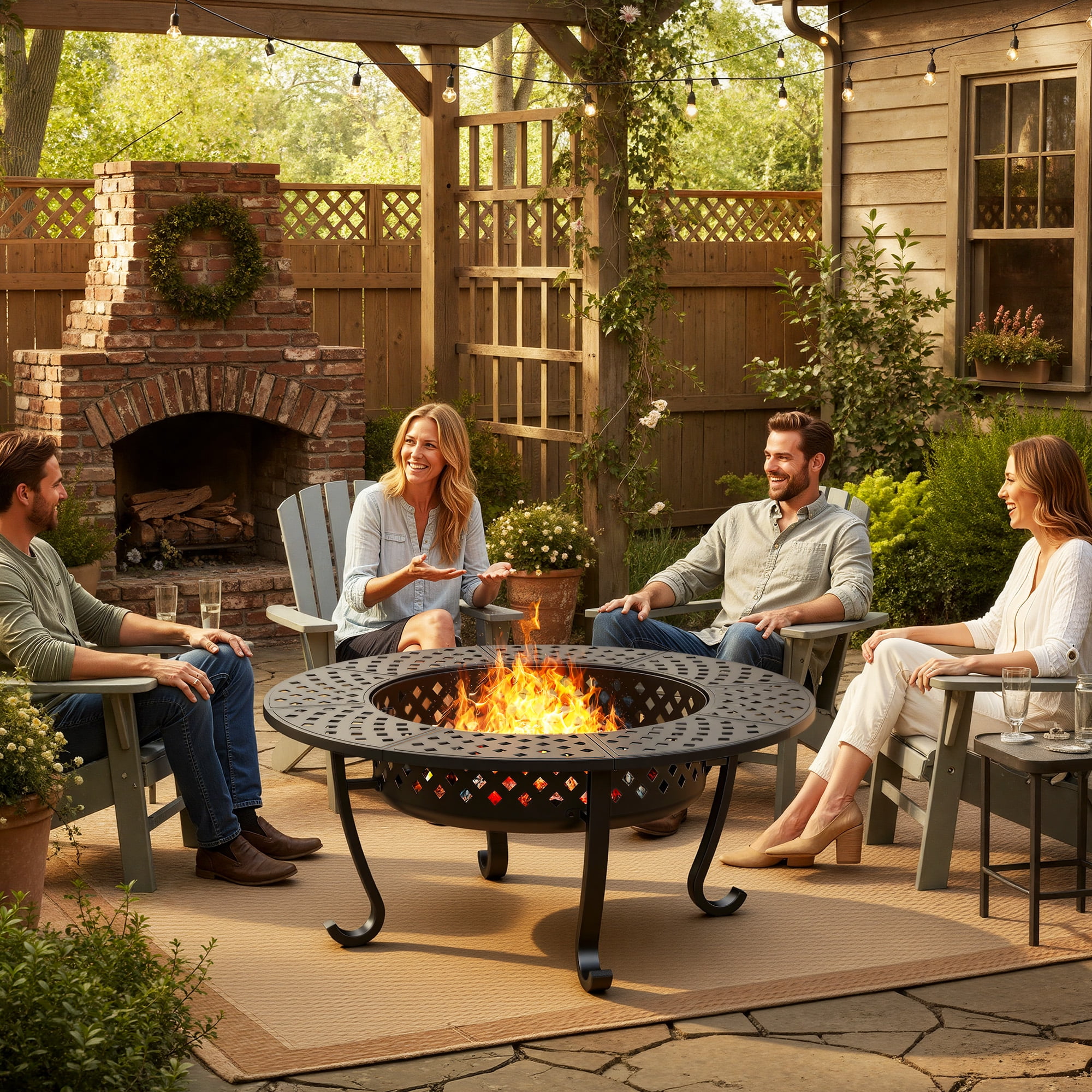 CozyHome 43'' Fire Pit with 2 Grills, Lid, and Fire Poker, Outdoor Wood Burning Fireplace, BBQs, Bonfire & Round Metal Table 3 in 1 for Patio, Picnic, Party, Black