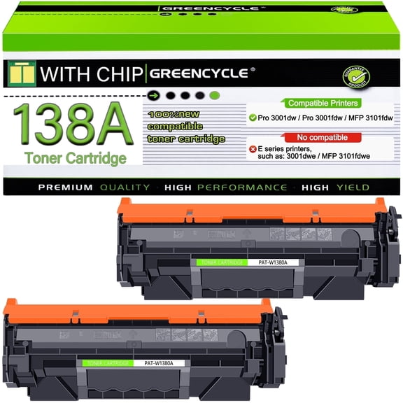 GREENCYCLE 2 Pack Compatible for 138A W1380A Black Toner Cartridge Replacement with Laserjet Pro 3001dw 3001fdw MFP 3101fdw Series Printer