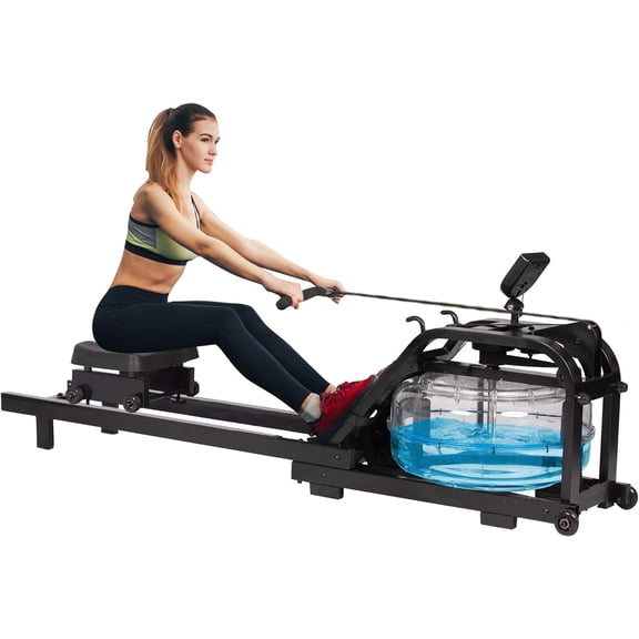 Water Rowing Machine with LCD Monitor, 265 Lbs Capacity, Adjustable, Space Saving, Mobile, Double Track Indoor Rower for Home/Gym Fitness, Black