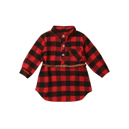 

Spring hue Kids Baby Girls Long Sleeve Button Down Red Plaid Flannel Shirt with Belt