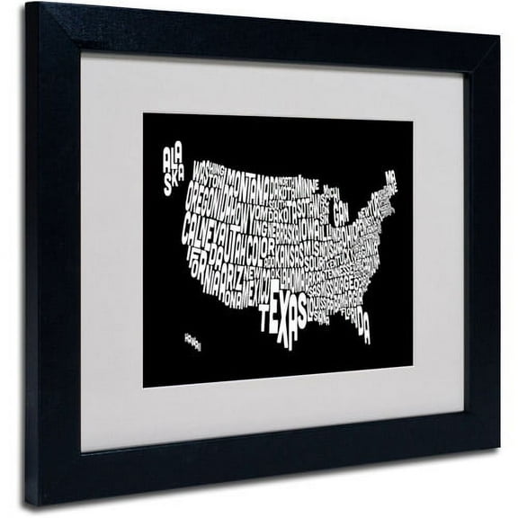 Trademark Fine Art "BLACK-USA States Text Map" Matted Framed by Michael Tompsett