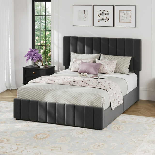 Upholstered Platform Bed Frame with 4 Drawers, Button Tufted Headboard/Footboard, Sturdy Metal Support, No Box Spring Required