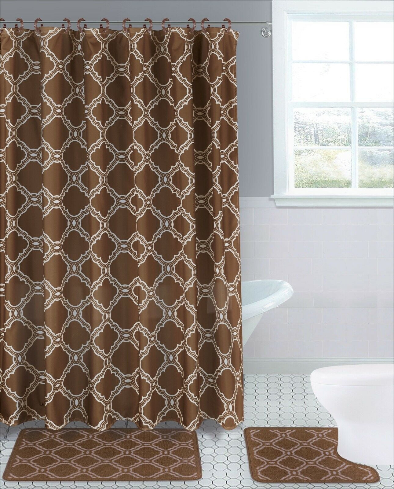 15-piece Hotel Bathroom Sets - 2 Non-Slip Bath Mats Rugs Polyester 72x72 Shower Curtain 12-Hooks Butterfly Brown