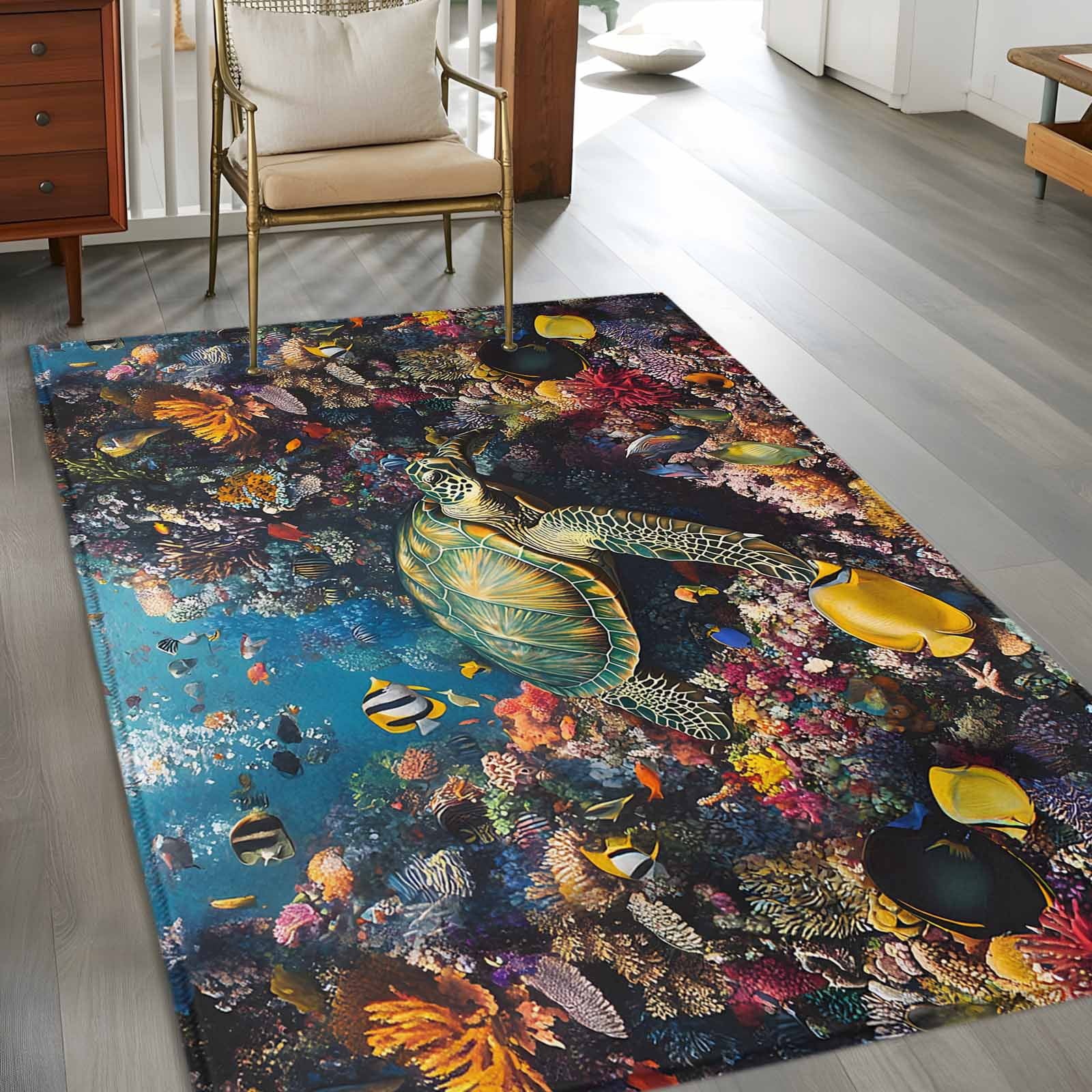3'x5' Area Rugs, Summer Turtle Indoor Outdoor Area Rug for Living Room Bedroom, Beach Ocean Coral Colorful Tropical Fish Washable Bathroom Rugs Kitchen Floor Carpet Mats Home Decor Aesthetic