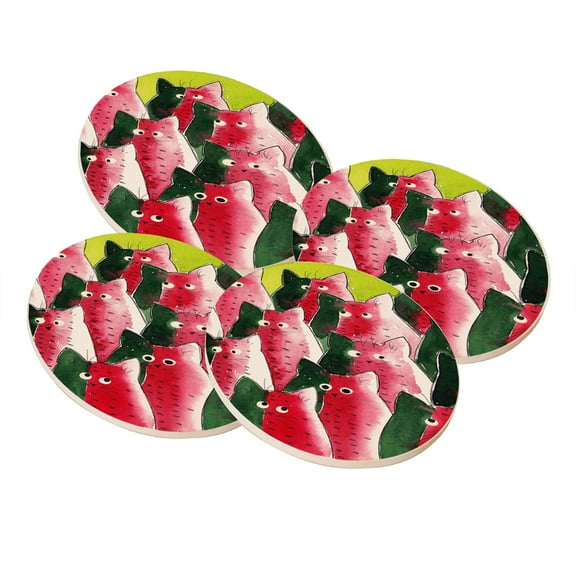 KuzmarK Sandstone Drink Coaster (set of 4) - Watermelon Kitties Abstract Cat Art by Denise Every