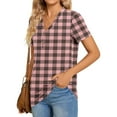 thumbnail image 4 of Women's T-Shirts Summer Plaid V Neck Button Short Sleeve Tops Casual Loose Tunic Comfortable Tee Blouses (S, Rose Gold), 4 of 7
