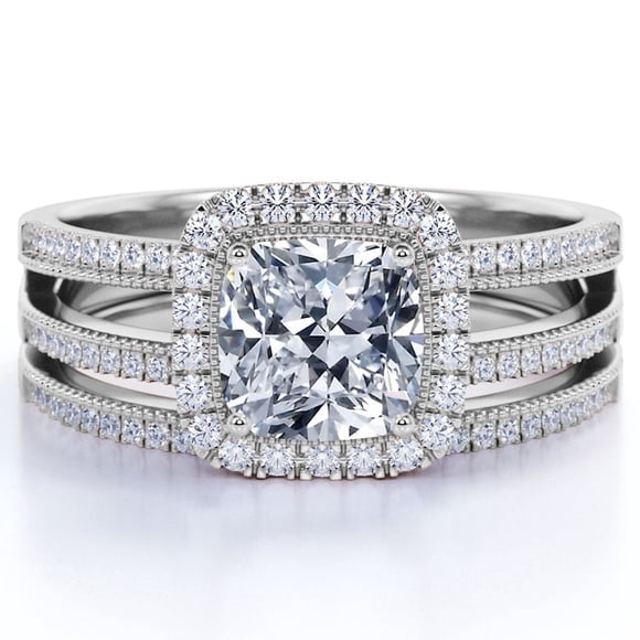 JeenMata Anillo de Compromiso con Diamante Real de Talla Cojín - Cuerpo Dividido - Anillo con Halo - Conjunto de Boda - Oro Blanco de 10 K