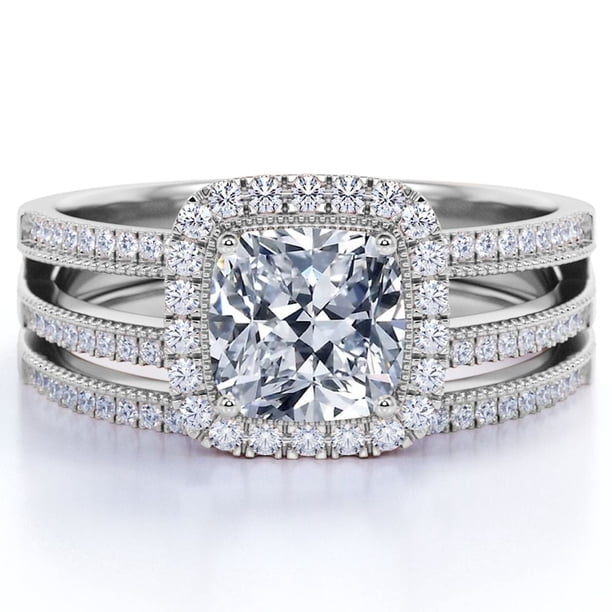 JeenMata Anillo de Compromiso con Diamante Real de Talla Cojín - Cuerpo Dividido - Anillo con Halo - Conjunto de Boda - Oro Blanco de 10 K