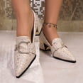 thumbnail image 5 of Xfvqtps Pointed Toe Loafers for Women Block Heel Rhinestone Buckle Glitter Bow Print Casual Dressy Shoes Fashion Footwear, 5 of 9