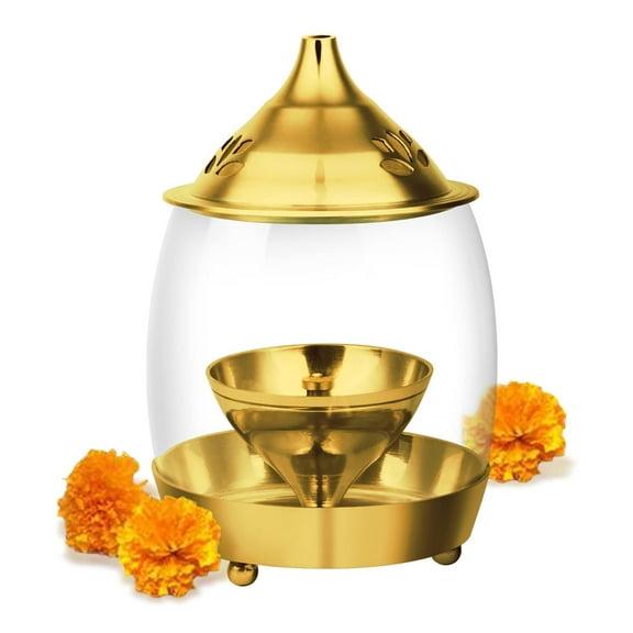 Brass Akhand Diya with Curved Glass Cover – Traditional Oil Lamp for Puja & Home Mandir – Long-Lasting Jyoti with Wick Holder & Golden Lid – Decorative Hindu Temple Deepam for Festivals & Gifting