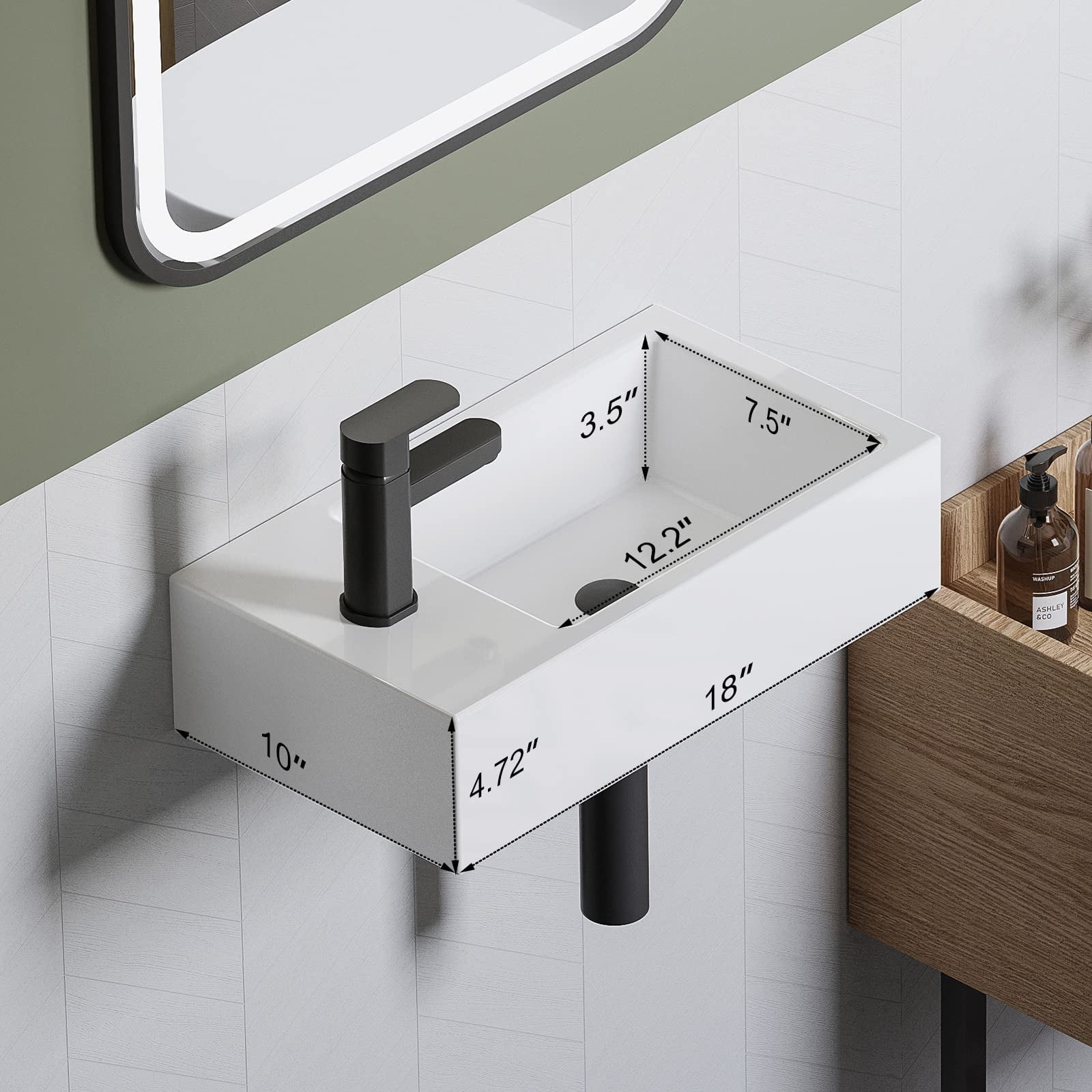 HOROW Bathroom Corner Sink, 18”x10" Small Wall Mount Sink Rectangle White Porcelain Ceramic Vessel Sink, Left Hand