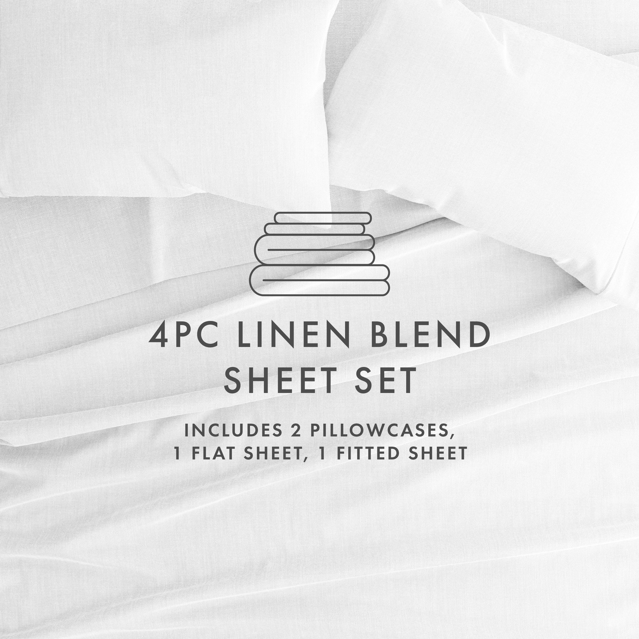 Noble Linens 4 Piece Linen Bamboo-Blend Bed Sheet Set, White, Twin