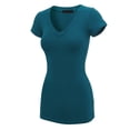 thumbnail image 2 of Made by Johnny Women's Basic Fitted Short Sleeve V-Neck T Shirt L TEAL, 2 of 6