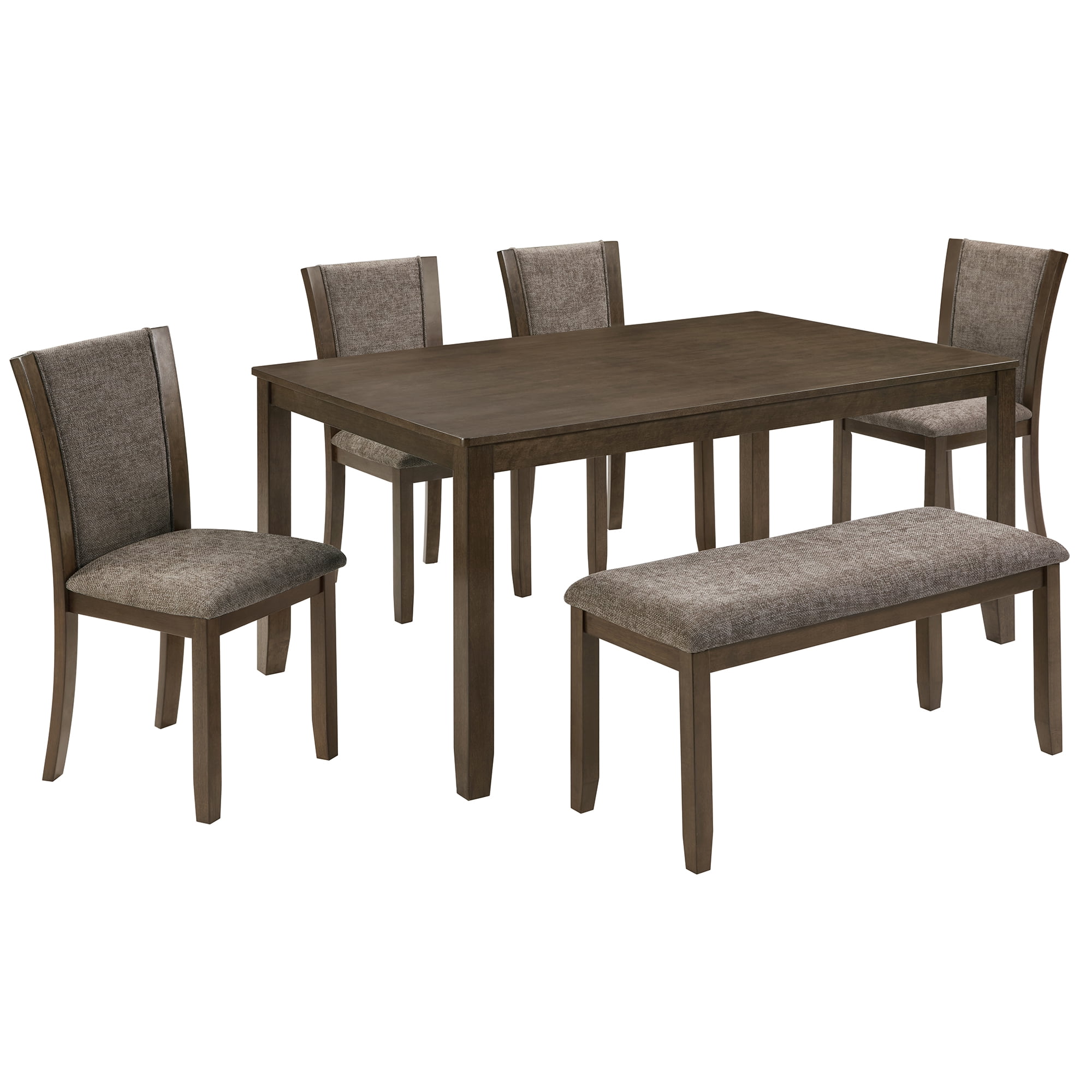 Gewnee Dining Set for 6,Farmhouse 6 Piece Dining Table Sets with Bench,Rectangle Wood Kitchen Table and 4 Upholstered Chairs.Dark walnut