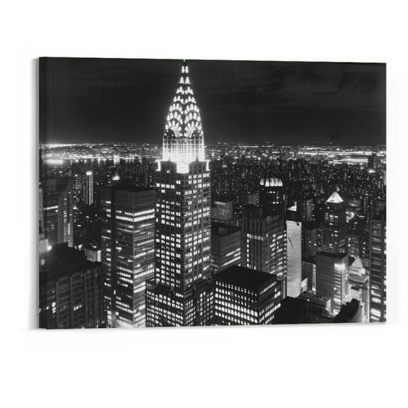 Orinice Black and White Wall Art Canvas New York City Night Scenes Modern Cityscape Building Artwork Picture Painting for Bedroom Home Office Living Room Decor 20x16in