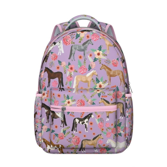 Rainbow Floral Horse and Pony Print Student School Backpack Retro Rural Foal Pattern Cute Design Book Bag