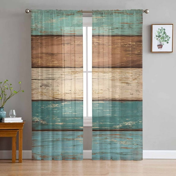Teal Turquoise Semi Sheer Curtains 84 Inch Length 2 Panels Set, Retro Farmhouse Wood Grain Brown Sheer Kitchen Curtain Privacy Voile Window Curtain for Living Room Bedroom Rod Pocket Drapes