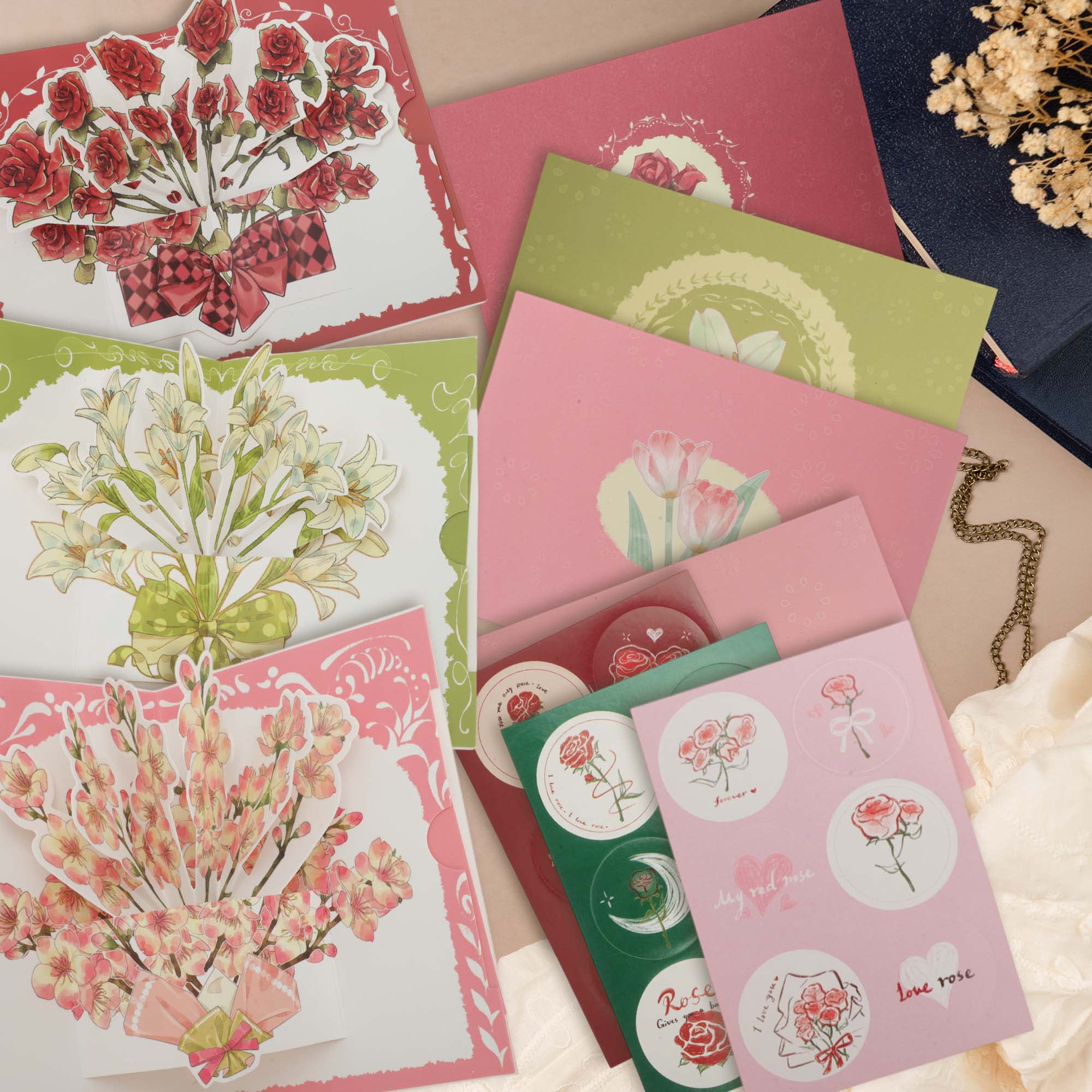Unique Bargains Floral Pops Up Card 3D Greeting Cards with Envelope Pink Cherry Bouquet