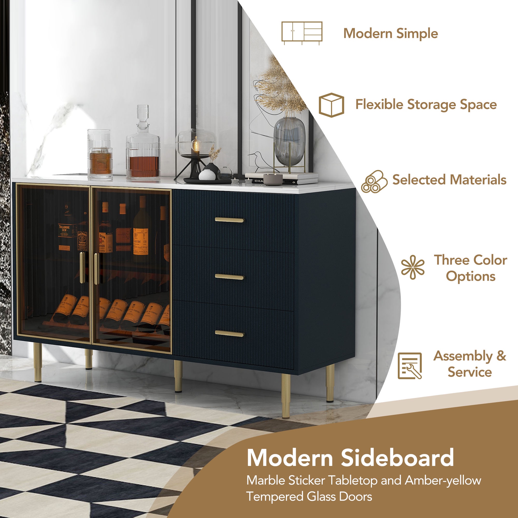PORKISS Sideboard Cabinet, Wood Sideboard Buffet Cabinet with Marble Sticker Tabletop and Amber-yellow Glass Doors, Modern Storage Cabinet with Metal Legs and Handles, Navy Blue