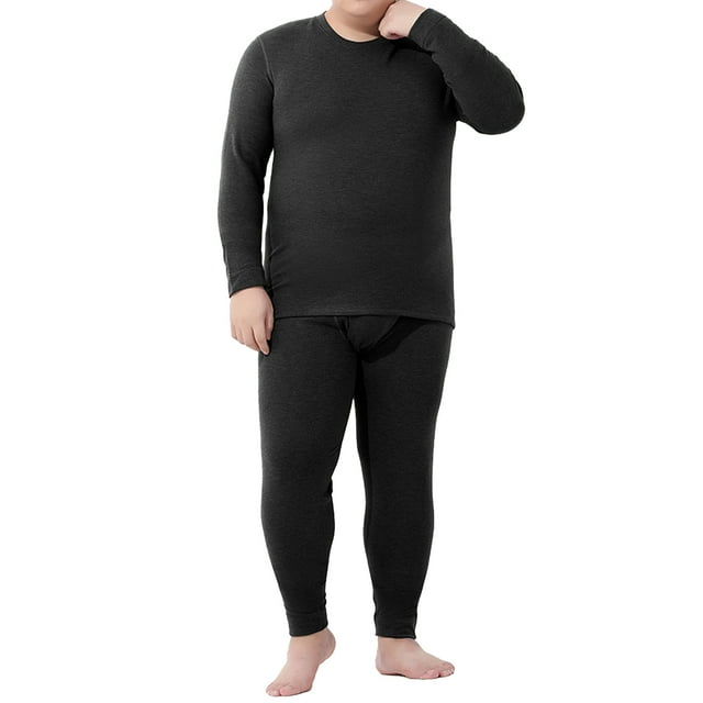 Men's Autumn Winter Silk Wool Blend Fleeced Base Layer Set, Black, 4XL