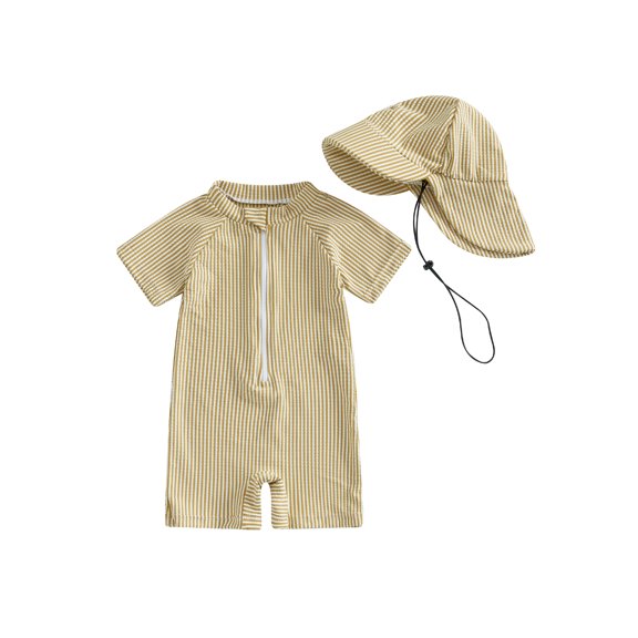BemeyourBBs Toddler Baby Boy Girl Striped One Piece Swimsuit with Sunhat Set Infant Boy Girl Bathing Suit Rash Guard Short Sleeve Half Zipper Swimwear Summer Pool Beachwear