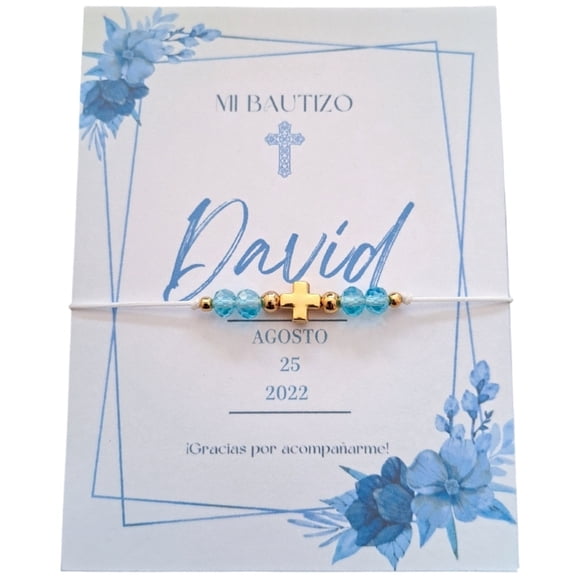 Pulsera Ajustable Dije de Cruz y Cristales en color azul Recuerdo Con Tarjeta Personalizada Para Bautizo, Primera Comunión, Confirmación, Boda, xv Años,etc.Paquete de 10 Piezas