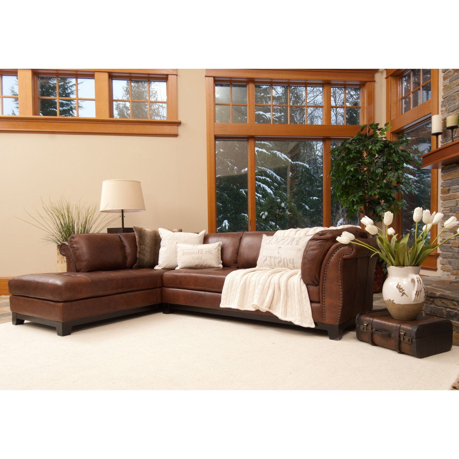Corsario Top Grain Leather Sectional in Bourbon Color (Left Arm Sofa, Right Arm Chaise)