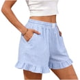 thumbnail image 6 of APEXFWDT Women's Summer Striped Shorts Cotton Linen Ruffle Hem Casual Home Shorts Comfy Loungewear Shorts with Pockets,S,Light Blue, 6 of 6