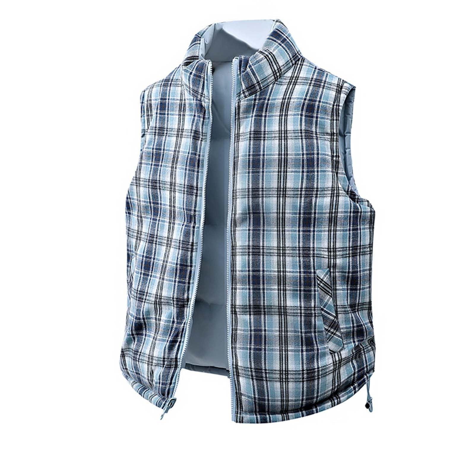 TrdSipl Men's Checkered Double Sided Vest Sleeveless Stand Collar Zip Up Waistcoat Outdoor Thermal Ski Vest for Hiking Travel Golf