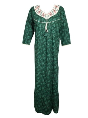 Mogul Women Maxi Dress Dark Green Floral Embroidered Printed Cotton Maxi Caftan, Winter FAshion, Long Sleeves Sleepwear Dresses XL